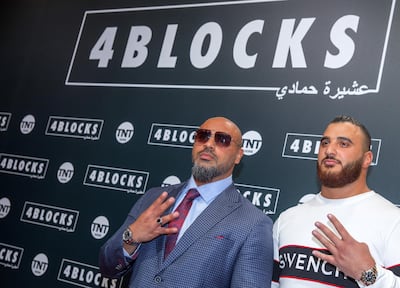 Rapper and actor Massiv (L) and boxer Hamudi Al Zein at the premier of '4 Blocks', a hit TV series based on the Arab clans in Berlin. Getty