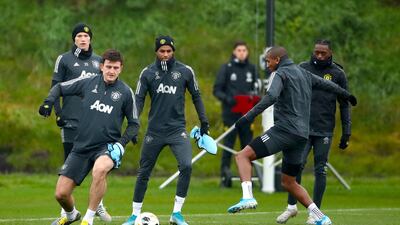 Harry Maguire (left) and Marcus Rashford during the training session before the game against Partizan Belgrade. PA