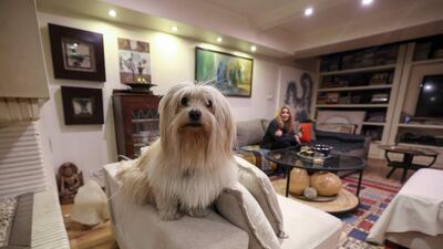 An Iranian woman sits with her dog at home in northern Tehran, on December 5, 2021. - A proposed law to ban pets submitted by ultraconservative Iranian lawmakers, pits growing numbers of people with pets against those who consider the practice decadent and hold that under Islamic law dogs, like pigs, are unclean. The bill has sparked criticism in the press, mockery on social networks and anger among residents of the capital. (Photo by ATTA KENARE / AFP)
