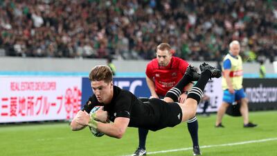 Jordie Barrett of New Zealand scores his team's seventh try during the Rugby World Cup 2019 Quarter Final match between New Zealand and Ireland at the Tokyo Stadium in Chofu, Tokyo, Japan. Getty Images