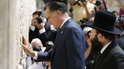 Republican presidential candidate and former Massachusetts governor Mitt Romney pauses next to the Western Wall, in Jerusalem. There appears to be little political blowback in America from demeaning Palestinians.