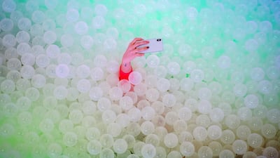 A visitor takes selfies as she lies in a pool of bubbles in the new venue of the Museum of Sweets & Selfies in Budapest, Hungary. EPA