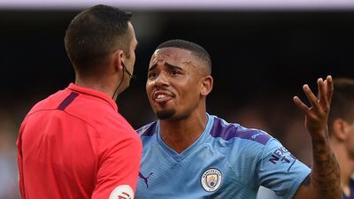 Manchester City's Brazilian striker Gabriel Jesus (R) remonstrates with English referee Michael Oliver after his goal was dissallowed following a VAR decision during the English Premier League football match between Manchester City and Tottenham Hotspur at the Etihad Stadium in Manchester, north west England The match ended in a draw at 2-2. AFP