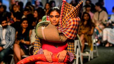 A model presents a creation by Pero during Lakme Fashion Week summer/ resort 2020 in Mumbai, India, on February 12, 2020. AFP
