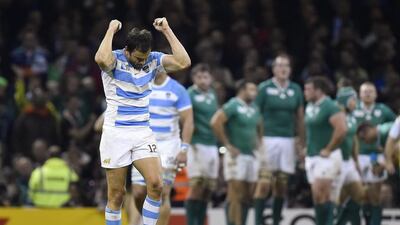 Argentina’s Juan Martin Hernandez celebrates after the referee awards a try. Toby Melville / Reuters
