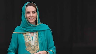 Britain's Catherine Duchess of Cambridge visits the Badshahi Mosque at Lahore in Pakistan, 17 October, 2019. The Cambridge's are engaging in a royal tour of Pakistan from 14 - 18 October 2019. EPA