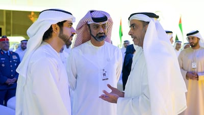 Sheikh Hamdan bin Mohammed, Crown Prince of Dubai (L), Sheikh Ammar bin Humaid Al Nuaimi, Crown Prince of Ajman (C), and Lt General Sheikh Saif bin Zayed, UAE Deputy Prime Minister and Minister of Interior (R), attend the UAE Government Annual Meeting at the St Regis Saadiyat. Ryan Carter / Ministry of Presidential Affairs