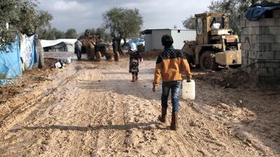 Location: Al-Karama camp in Atama. The aftermath of heavy rainfall on north Syria, residents lost their furniture, clothes and bedding as well as the tents waiting outside in open lands until the civil defense and NGs arrive to rescue them.