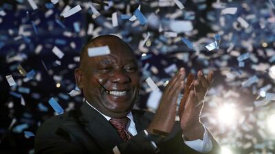 South African President Cyril Ramaphosa celebrates victory for his African National Congress party. Mike Hutchings / Reuters