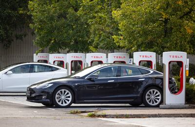 Tesla charging points in Thurrock, UK. Range anxiety and charging times are still barriers to mass adoption of EVs. Bloomberg