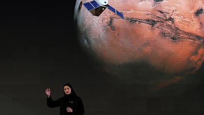 Sarah Amiri, Deputy Project Manager of UAE Mars mission, talks about the momentous space journey at an event in Dubai. AP