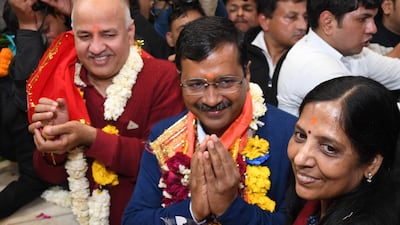 Aam Aadmi Party (AAP) chief and Chief Minister of Delhi Arvind Kejriwal, his wife Sunita Kejriwal and Deputy Chief Minister of Delhi, Manish Sisodia, visit Hanuman Mandir temple to pay obeisance after AAP won the Delhi Assembly elections, New Delhi, India, 11 February 2020. EPA/STR