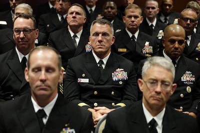 Senior military leaders look on as US President Donald Trump speaks. Getty Images / AFP