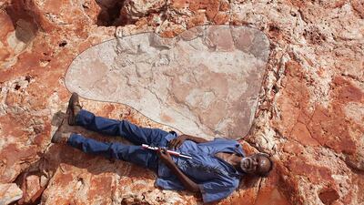 A supplied image of Richard Hunter, an Aboriginal elder and Goolarabooloo Law Boss, alongside a 1.75m sauropod dinosaur track in the Lower Cretaceous Broome Sandstone, Walmadany area, Dampier Peninsula, in Western Australia on March 26, 2017. Damian Kelly-University of Queensland/Handout via Reuters