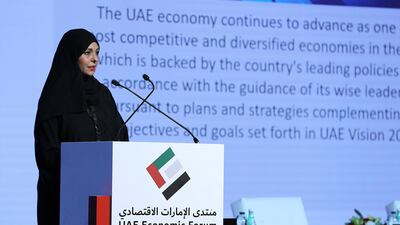 Nada Al Hashimi, Director Economic Research, Ministry of Economy speaking during the UAE Economic Forum 2019 held at the Armani Hotel in Burj Khalifa in Dubai. The National