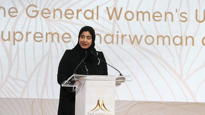 Sheikha Shamma bint Sultan addresses the Global Summit of Women in Abu Dhabi. Pawan Singh / The National