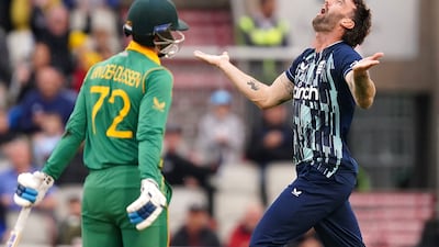 England's Reece Topley celebrates the wicket of Rassie van der Dussen during the second ODI against South Africa at Old Trafford, Manchester, on Friday. PA