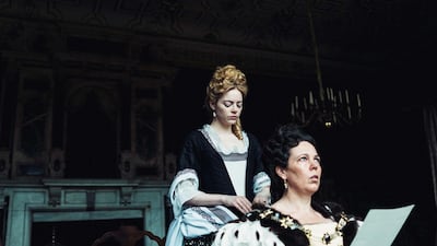 Emma Stone and Olivia Colman in 'The Favourite'. Olivia Colman is up for Best Actress. Courtesy Twentieth Century Fox Film.