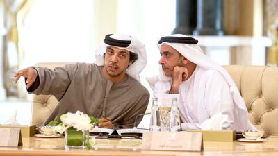 Sheikh Mansour bin Zayed, Deputy Prime Minister and Minister of Presidential Affairs and Sheikh Saif bin Zayed, Deputy Prime Minister and Minister of Interior, at the first UAE Cabinet meeting since the restructuring in early February. Wam