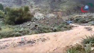 Rains in Khor Fakkan fill up wadis as wet weather swept some northeastern areas of the UAE on Saturday. Courtesy: NCMS media Twitter account