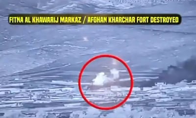 A screengrab from footage showing Afghanistan’s Kharchar Fort being targeted by Pakistani forces. X/PTVNewsOfficial