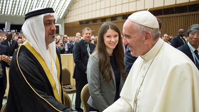 Dr Sheikh Sultan bin Khalifa bin Zayed meets Pope Francis in Rome during the World Conference on Regenerative Medicine. Wam