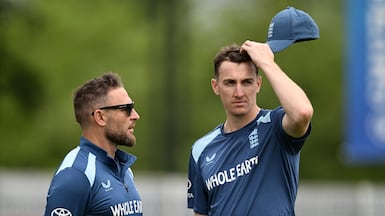 Brendon McCullum, left, with Harry Brook during England's training session in Birmingham. Getty Images