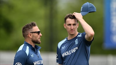 Brendon McCullum, left, with Harry Brook during England's training session in Birmingham. Getty Images