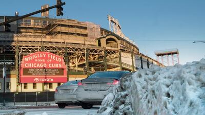 A desolate Wrigley Field is seen at sunset in Chicago. Reuters