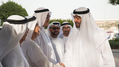Sheikh Mohammed bin Zayed greets a guest during a Baharna mass wedding reception, at the Park Rotana hotel. Ryan Carter for the Crown Prince Court - Abu Dhabi