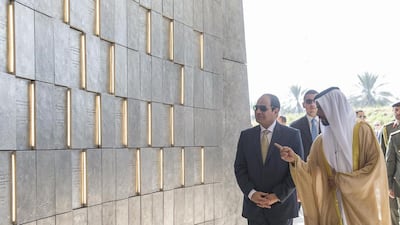 Abdel Fattah El Sisi, President of Egypt, and Sheikh Khalifa bin Tahnoon, tour the Wahat Al Karama memorial site. Philip Cheung / Crown Prince Court - Abu Dhabi
