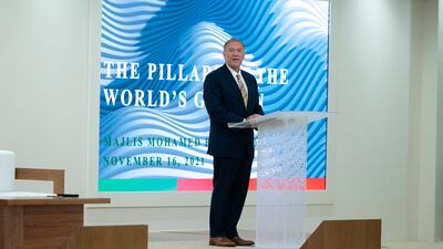 Mike Pompeo delivers his lecture. Abdulla Al Neyadi / Ministry of Presidential Affairs