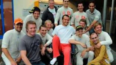 Sheikh Khalid joined his Ford teammates visiting Gigi Galli in hospital after the Italian had hit a tree head on, breaking a leg.