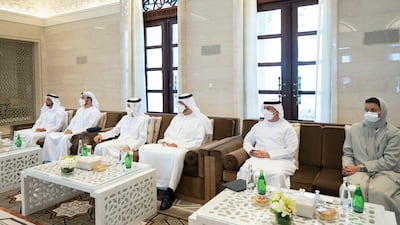 From left, Lt Gen Sheikh Saif bin Zayed; Mohammed Al Gergawi, Minister of Cabinet Affairs; Mohamed Al Hussaini, Minister of State for Financial Affairs; Dr Sultan Al Jaber; Dr Ahmad Al Falasi, Minister of Education; and Noura Al Kaabi, Minister of Culture and Youth, at the signing.