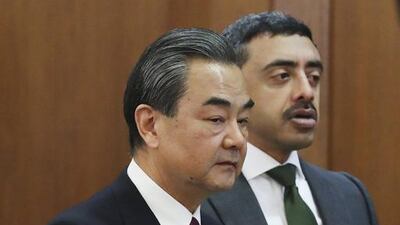 Wang Yi, left, and Sheikh Abdullah arrive for a joint press conference at the Ministry of Foreign Affairs, in Beijing, China. Wu Hong / EPA