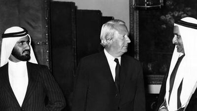 Sheikh Rashid, right, and his son, Sheikh Mohammed, with British Prime Minister Edward Heath in 1972.