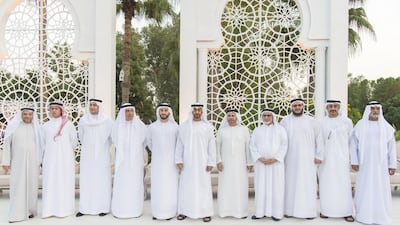 Sheikh Mohammed bin Zayed, Crown Prince of Abu Dhabi and Deputy Supreme Commander of the Armed Forces, stands for a photograph during the wedding reception of Ali Anwar Gargash (5th L), Dr Anwar Gargash, Minister of State for Foreign Affairs (7th L), Sheikh Abdullah bin Zayed, Minister of Foreign Affairs and International Cooperation (2nd R) and Sheikh Nahyan bin Mubarak, Minister of Culture and Knowledge Development (R). Mohamed Al Suwaidi / Crown Prince Court - Abu Dhabi