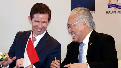Australian Trade Minister Simon Birmingham, left, and Indonesian Trade Minister Enggartiasto Lukita attend a signing ceremony in Jakarta, Indonesia, Monday, March 4, 2019. AP Photo