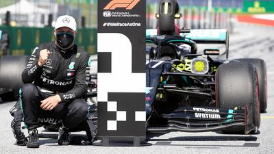 Mercedes' Valtteri Bottas after securing pole position for the Austrian Grand Prix at the Red Bull Ring in Spielberg on Saturday, July 4, 2020. AFP