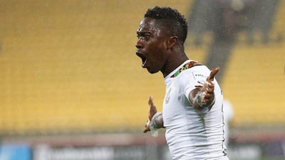 Ghana's Yaw Yeboah, a Manchester City product, celebrates scoring a penalty at the Under 20 World Cup in his side's 1-1 opening draw against Austria on Saturday. Dean Pemberton / EPA / May 30, 2015