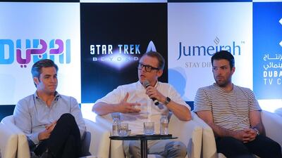 Chris Pine (actor), Simon Pegg (actor and screenwriter) and Zachary Quinto (actor) during the q and a for the Star Trek Beyond press conference, at Burj Al Arab. Jeffrey E Biteng / The National