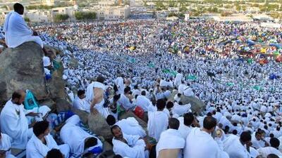 Pilgrims head to pray on a rocky hill called the Mountain of Mercy on the Plain of Arafat near Mecca.