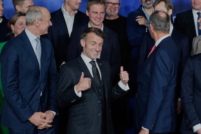 French President Emmanuel Macron at the EU AI Champions Initiative in Berlin. AFP