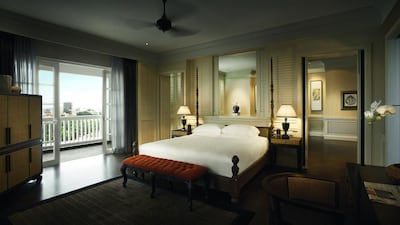 A corner suite bedroom at Victory Annexe of Eastern & Oriental Hotel in Penang, Malaysia. Photo courtesy of Eastern & Oriental Hotel