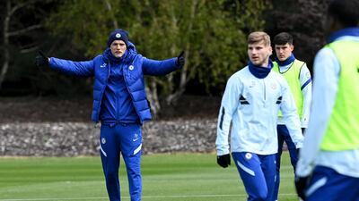 Chelsea boss Thomas Tuchel oversees training ahead of the busy end of season. Getty