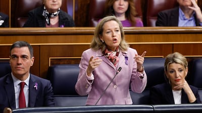 Spanish Deputy Prime Minister and Minister of Economy Nadia Calvino speaks during a 'Question Time' session at the parliament in Madrid, on Wednesday. EPA