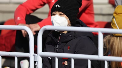 Chinese tennis player Peng Shuai attends the women's freeski big air final at the Beijing 2022 Winter Olympics on Tuesday, February 08, 2022. Getty