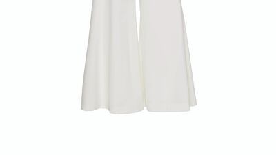 Wide-leg trousers in white wool satin, Dh4,300, Rubeus Milano