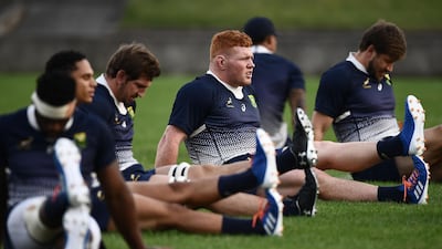 South Africa's prop Steven Kitshoff (C) takes part in a training session at Fuchu Asahi Football Park in Tokyo on October 23, 2019, ahead of their Japan 2019 Rugby World Cup semi-final against Wales. / AFP / Anne-Christine POUJOULAT