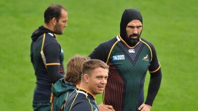John Smit, centre, and Victor Matfield, right, have played 213 Test matches between them.